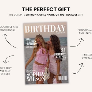 Puede incluir: Una portada de revista con el t&iacute;tulo "BIRTHDAY" con dos mujeres con trajes rosas. La portada incluye el texto "21 BIRTHDAY EDITION" y "FEATURING SOPHIA WILSON". El fondo es una escena de playa.
