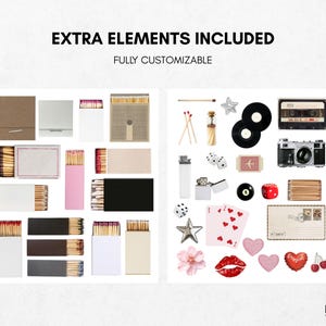 May include: A collection of various items, including matchboxes, vinyl records, a cassette tape, a camera, playing cards, and decorative elements. The text "EXTRA ELEMENTS INCLUDED" and "FULLY CUSTOMIZABLE" are displayed at the top.