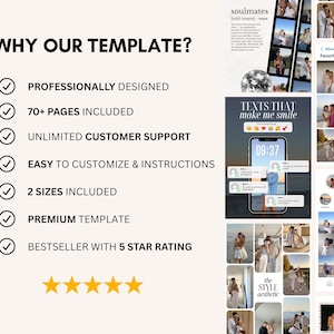 May include: A promotional image for a template, featuring the text "WHY OUR TEMPLATE?" and bullet points highlighting features like professional design, 70+ pages, and customer support. The image includes a collage of photos and the text "TEXTS THAT make me smile".