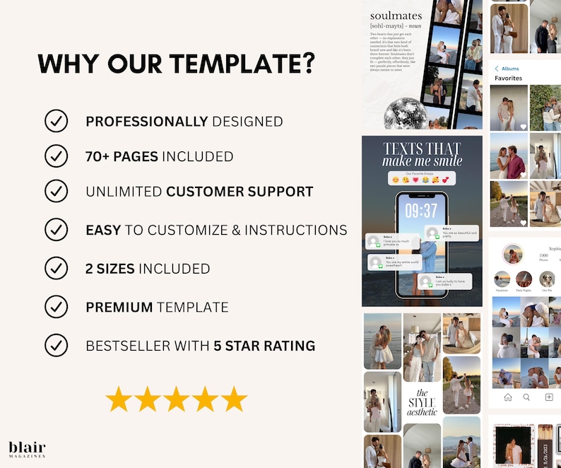 May include: A promotional image for a template, featuring the text "WHY OUR TEMPLATE?" and bullet points highlighting features like professional design, 70+ pages, and customer support. The image includes a collage of photos and the text "TEXTS THAT make me smile".