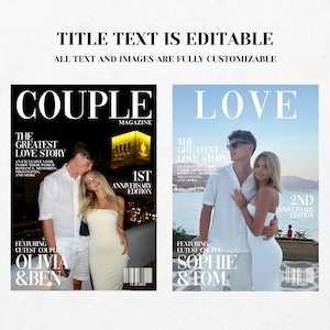 K&ouml;nnte beinhalten: Zwei Magazin-Cover mit den Worten "COUPLE" und "LOVE" in gro&szlig;en wei&szlig;en Buchstaben. Das "COUPLE"-Cover zeigt ein Paar mit dem Text "OLIVIA & BEN". Das "LOVE"-Cover zeigt ein Paar mit dem Text "SOPHIE & TOM". Beide Cover haben zus&auml;tzlichen Text.