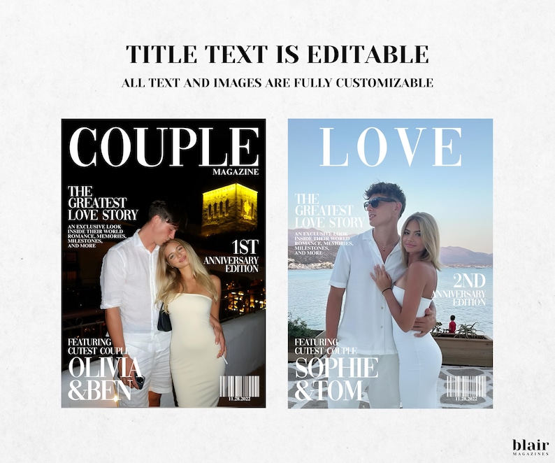 K&ouml;nnte beinhalten: Zwei Magazin-Cover mit den Worten "COUPLE" und "LOVE" in gro&szlig;en wei&szlig;en Buchstaben. Das "COUPLE"-Cover zeigt ein Paar mit dem Text "OLIVIA & BEN". Das "LOVE"-Cover zeigt ein Paar mit dem Text "SOPHIE & TOM". Beide Cover haben zus&auml;tzlichen Text.
