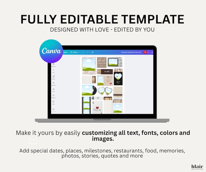 May include: A laptop screen displaying a customizable template with various image placeholders. The text "FULLY EDITABLE TEMPLATE" and "DESIGNED WITH LOVE - EDITED BY YOU" are at the top. The Canva logo is visible. Text below says "Make it yours by easily customizing all text, fonts, colors and images."