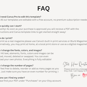 Puede incluir: Un documento color crema con el encabezado "FAQ" y varias preguntas y respuestas sobre una plantilla. El texto incluye informaci&oacute;n sobre edici&oacute;n, impresi&oacute;n y cambio de elementos. El documento tambi&eacute;n incluye el texto "Still Have Questions?" y una firma.