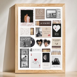May include: A framed collage featuring various photos, matchboxes, and cards. The images include couples, a vinyl record, and a film strip. Text includes dates, locations, and phrases like "I love you" and "my love x."