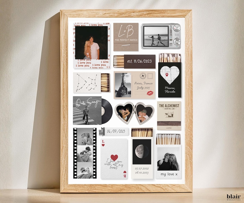 May include: A framed collage featuring various photos, matchboxes, and cards. The images include couples, a vinyl record, and a film strip. Text includes dates, locations, and phrases like "I love you" and "my love x."