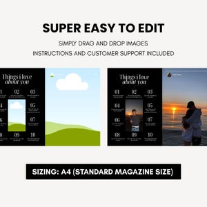 Puede incluir: Una plantilla de dise&ntilde;o digital con el texto "Things I love about you" y secciones numeradas. El dise&ntilde;o incluye el texto "Super Easy to Edit" y "Simply Drag and Drop Images". El tama&ntilde;o es A4.