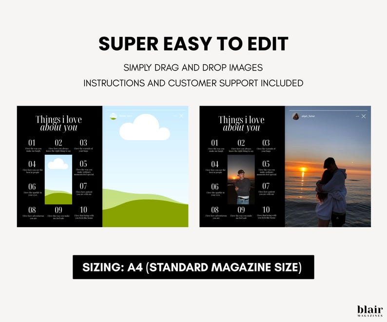 Puede incluir: Una plantilla de dise&ntilde;o digital con el texto "Things I love about you" y secciones numeradas. El dise&ntilde;o incluye el texto "Super Easy to Edit" y "Simply Drag and Drop Images". El tama&ntilde;o es A4.
