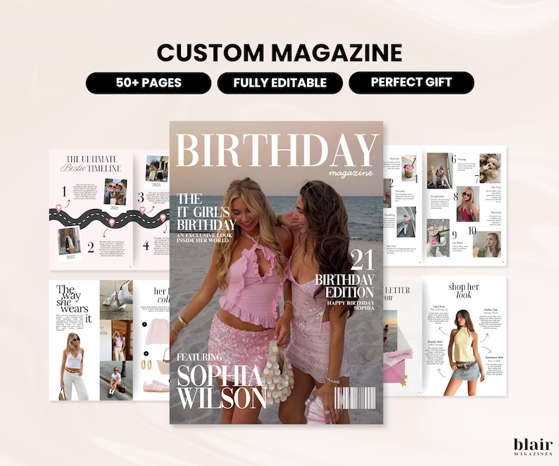Puede incluir: Dise&ntilde;o de revista personalizado con el texto "CUSTOM MAGAZINE" en la parte superior. La portada presenta a dos mujeres con atuendos rosas con el texto "BIRTHDAY" y "SOPHIA WILSON". P&aacute;ginas adicionales muestran fotos y texto, con las palabras "50+ PAGES" y "FULLY EDITABLE".