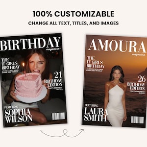 Puede incluir: Dos portadas de revistas, una con "BIRTHDAY" y otra con "AMOURA". La portada de "BIRTHDAY" presenta a una mujer con una tarta rosa. La portada de "AMOURA" muestra a una mujer con un vestido blanco. El texto incluye "100% PERSONALIZABLE" y "CAMBIA TODO EL TEXTO, T&Iacute;TULOS E IM&Aacute;GENES."