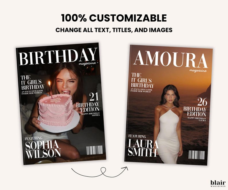 Puede incluir: Dos portadas de revistas, una con "BIRTHDAY" y otra con "AMOURA". La portada de "BIRTHDAY" presenta a una mujer con una tarta rosa. La portada de "AMOURA" muestra a una mujer con un vestido blanco. El texto incluye "100% PERSONALIZABLE" y "CAMBIA TODO EL TEXTO, T&Iacute;TULOS E IM&Aacute;GENES."