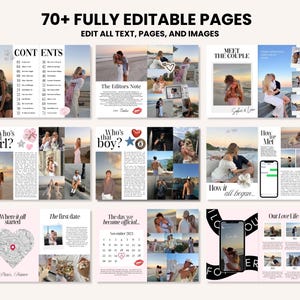 May include: A layout for a magazine with the text "70+ FULLY EDITABLE PAGES" and "EDIT ALL TEXT, PAGES, AND IMAGES". The pages include photos of couples, text, and graphics. The magazine is titled "blair magazines".