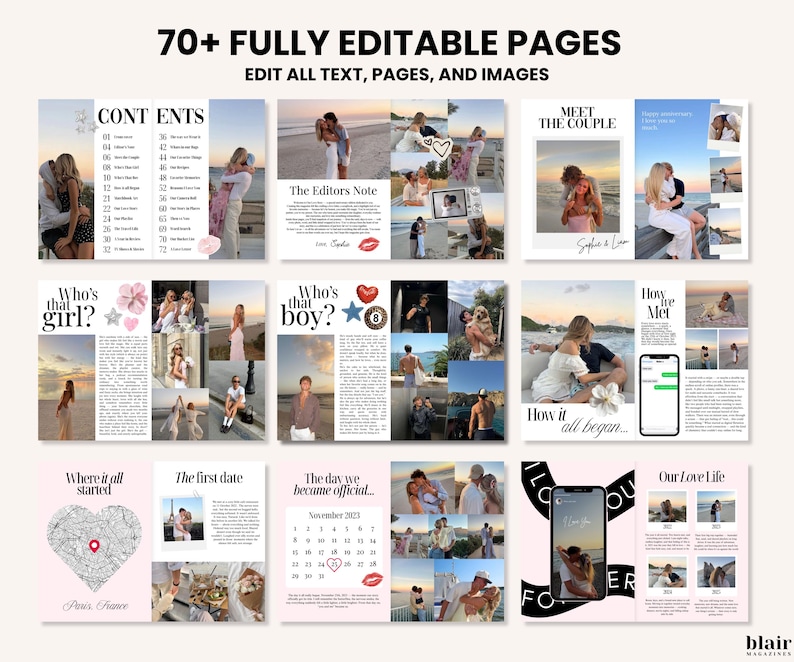 May include: A layout for a magazine with the text "70+ FULLY EDITABLE PAGES" and "EDIT ALL TEXT, PAGES, AND IMAGES". The pages include photos of couples, text, and graphics. The magazine is titled "blair magazines".