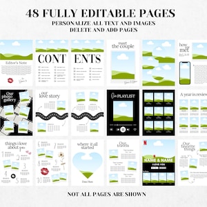 K&ouml;nnte beinhalten: Eine digitale Vorlage mit 48 vollst&auml;ndig bearbeitbaren Seiten. Das Design umfasst Layouts f&uuml;r Fotogalerien, Wiedergabelisten und Reisetageb&uuml;cher. Der Text enth&auml;lt "Editor's Note", "Contents" und "Name & Name".