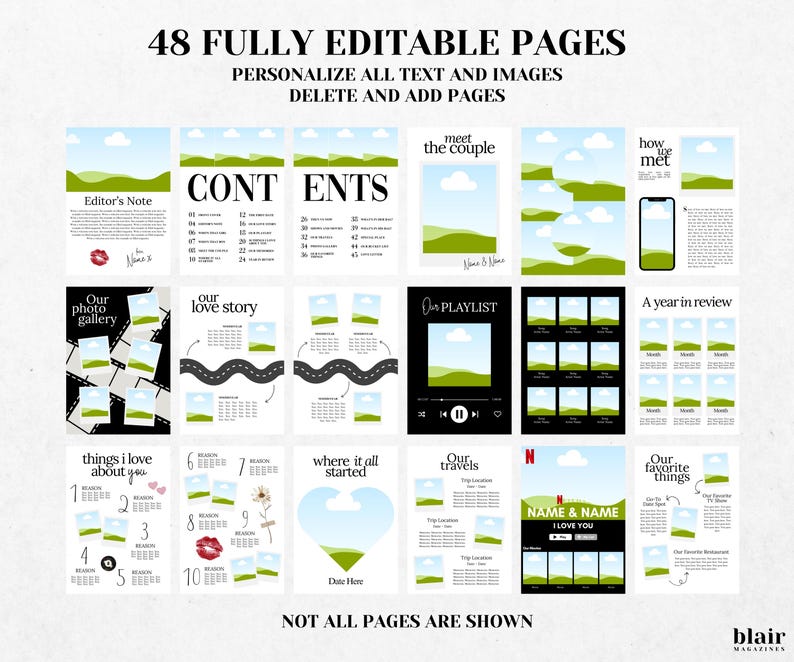K&ouml;nnte beinhalten: Eine digitale Vorlage mit 48 vollst&auml;ndig bearbeitbaren Seiten. Das Design umfasst Layouts f&uuml;r Fotogalerien, Wiedergabelisten und Reisetageb&uuml;cher. Der Text enth&auml;lt "Editor's Note", "Contents" und "Name & Name".
