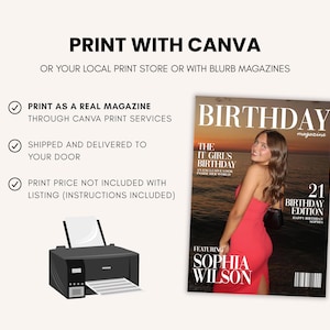 Puede incluir: Una portada de revista con el titular "BIRTHDAY" y el texto "21 BIRTHDAY EDITION". La portada presenta a una mujer con un vestido rojo. El texto "PRINT WITH CANVA" est&aacute; en la parte superior, con instrucciones de impresi&oacute;n.