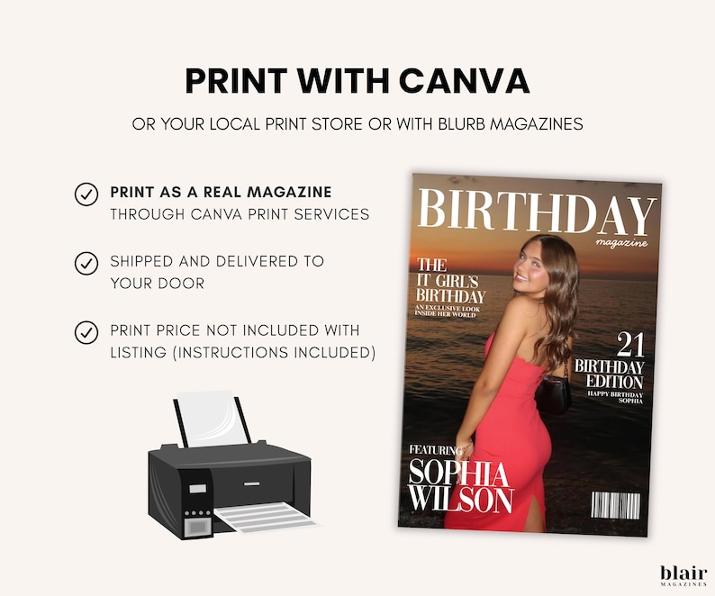 Puede incluir: Una portada de revista con el titular "BIRTHDAY" y el texto "21 BIRTHDAY EDITION". La portada presenta a una mujer con un vestido rojo. El texto "PRINT WITH CANVA" est&aacute; en la parte superior, con instrucciones de impresi&oacute;n.