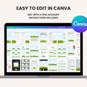 Puede incluir: Una pantalla de port&aacute;til que muestra una plantilla de Canva con varios dise&ntilde;os de revistas. El texto "EASY TO EDIT IN CANVA" y "EDIT WITH A FREE ACCOUNT" es visible. Un logotipo de Canva est&aacute; en la esquina superior derecha. Los dise&ntilde;os incluyen marcadores de posici&oacute;n de texto e imagen.