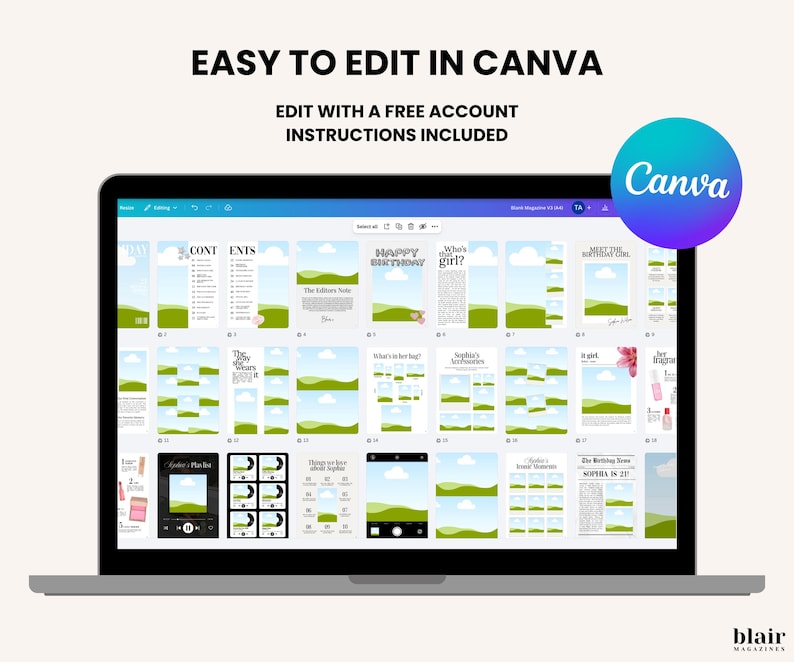 Puede incluir: Una pantalla de port&aacute;til que muestra una plantilla de Canva con varios dise&ntilde;os de revistas. El texto "EASY TO EDIT IN CANVA" y "EDIT WITH A FREE ACCOUNT" es visible. Un logotipo de Canva est&aacute; en la esquina superior derecha. Los dise&ntilde;os incluyen marcadores de posici&oacute;n de texto e imagen.