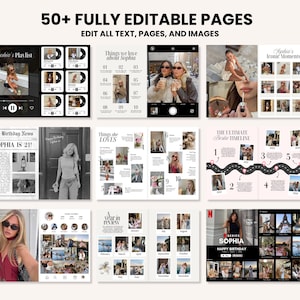 Puede incluir: Una plantilla digital con m&aacute;s de 50 p&aacute;ginas totalmente editables. Las p&aacute;ginas incluyen dise&ntilde;os para una lista de reproducci&oacute;n, fotos, una l&iacute;nea de tiempo y un peri&oacute;dico de cumplea&ntilde;os. El texto "Sophia" y "Happy Birthday" son visibles.