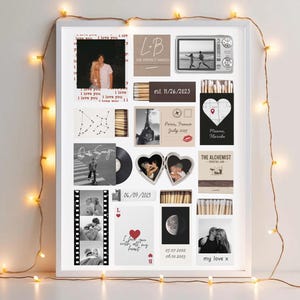 May include: A framed collage featuring various photos, matchboxes, and text elements. The collage includes photos of couples, a vinyl record, and the Eiffel Tower. Text includes dates, phrases like "I love you," and the words "The Perfect Match."