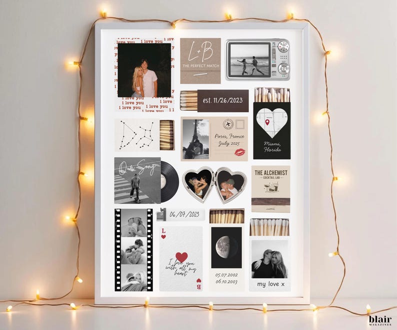 May include: A framed collage featuring various photos, matchboxes, and text elements. The collage includes photos of couples, a vinyl record, and the Eiffel Tower. Text includes dates, phrases like "I love you," and the words "The Perfect Match."