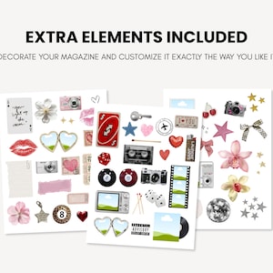 Puede incluir: Hojas de pegatinas decorativas con c&aacute;maras, corazones, flores y naipes. El texto "EXTRA ELEMENTS INCLUDED" y "DECORATE YOUR MAGAZINE AND CUSTOMIZE IT EXACTLY THE WAY YOU LIKE IT" es visible.