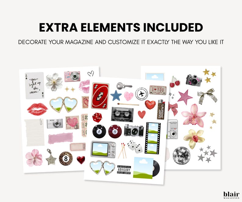 Puede incluir: Hojas de pegatinas decorativas con c&aacute;maras, corazones, flores y naipes. El texto "EXTRA ELEMENTS INCLUDED" y "DECORATE YOUR MAGAZINE AND CUSTOMIZE IT EXACTLY THE WAY YOU LIKE IT" es visible.