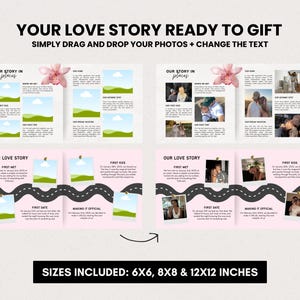 May include: A customizable photo album template with the text "YOUR LOVE STORY READY TO GIFT". The design includes spaces for photos and text, with the option to drag and drop photos and change the text. Sizes included: 6x6, 8x8 & 12x12 inches.