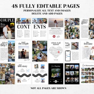 K&ouml;nnte beinhalten: Magazin-Layout mit dem Text "48 VOLL EDITIERBARE SEITEN". Die Seiten zeigen Fotos, Titel wie "CONTENTS", "Editor's Note" und "Our Playlist". Das Magazin ist f&uuml;r die Personalisierung mit editierbarem Text und Bildern konzipiert.