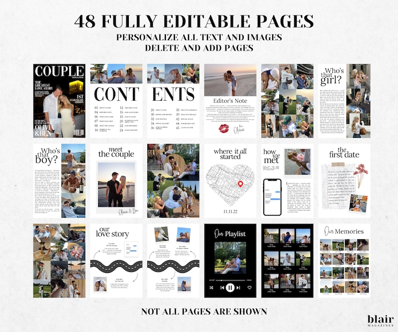 K&ouml;nnte beinhalten: Magazin-Layout mit dem Text "48 VOLL EDITIERBARE SEITEN". Die Seiten zeigen Fotos, Titel wie "CONTENTS", "Editor's Note" und "Our Playlist". Das Magazin ist f&uuml;r die Personalisierung mit editierbarem Text und Bildern konzipiert.