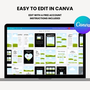Puede incluir: Una pantalla de port&aacute;til que muestra una plantilla de revista con el texto "EASY TO EDIT IN CANVA" y "EDIT WITH A FREE ACCOUNT INSTRUCTIONS INCLUDED". La plantilla presenta varios dise&ntilde;os de p&aacute;gina con elementos de dise&ntilde;o verdes y blancos.