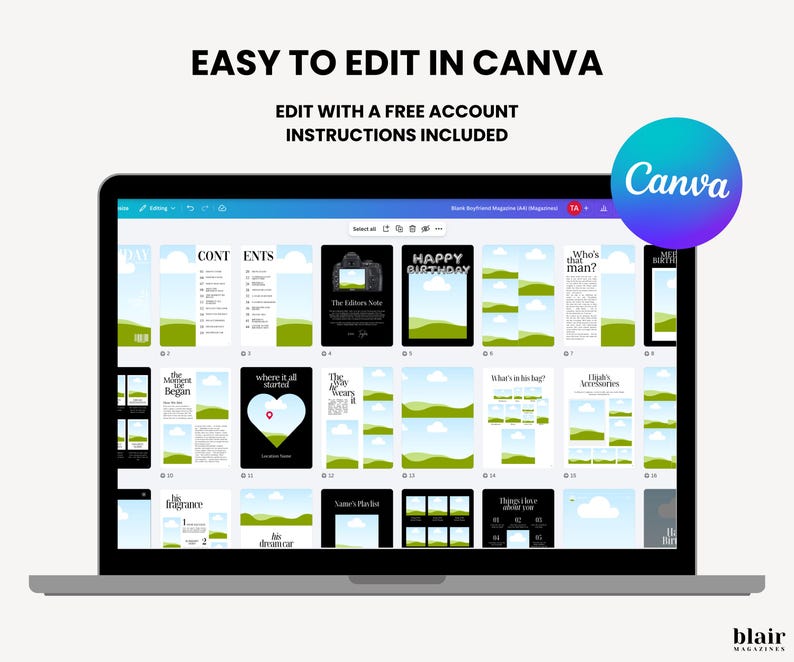 Puede incluir: Una pantalla de port&aacute;til que muestra una plantilla de revista con el texto "EASY TO EDIT IN CANVA" y "EDIT WITH A FREE ACCOUNT INSTRUCTIONS INCLUDED". La plantilla presenta varios dise&ntilde;os de p&aacute;gina con elementos de dise&ntilde;o verdes y blancos.