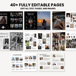 Puede incluir: Una plantilla digital con m&aacute;s de 40 p&aacute;ginas totalmente editables. Las p&aacute;ginas incluyen dise&ntilde;os de fotos, texto y elementos de dise&ntilde;o. El texto incluye "Elijah's Playlist", "Things I love about you", "Happy Birthday", "The Birthday News", y "Our favorite MEMORIES".