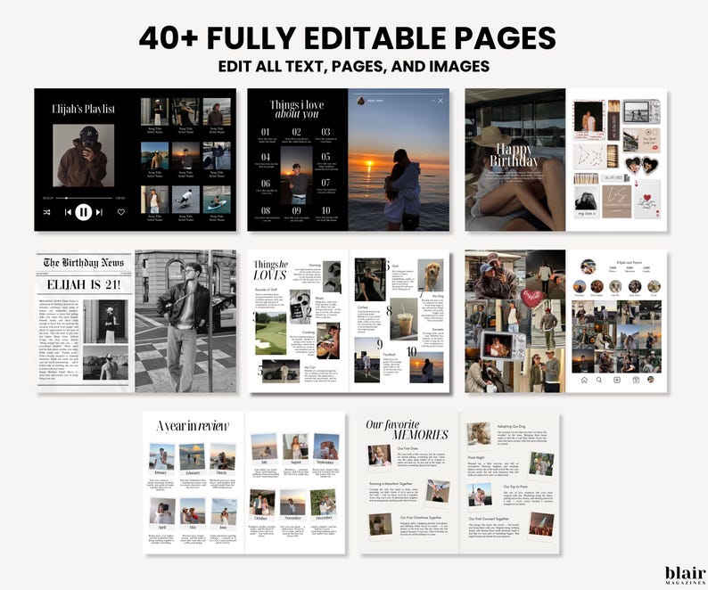 Puede incluir: Una plantilla digital con m&aacute;s de 40 p&aacute;ginas totalmente editables. Las p&aacute;ginas incluyen dise&ntilde;os de fotos, texto y elementos de dise&ntilde;o. El texto incluye "Elijah's Playlist", "Things I love about you", "Happy Birthday", "The Birthday News", y "Our favorite MEMORIES".