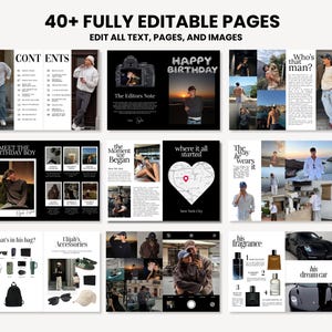 Puede incluir: Una plantilla de revista digital con m&uacute;ltiples p&aacute;ginas, con el texto "40+ FULLY EDITABLE PAGES" y "EDIT ALL TEXT, PAGES, AND IMAGES." Las p&aacute;ginas incluyen secciones de contenido, fotos y las frases "HAPPY BIRTHDAY" y "his dream car."