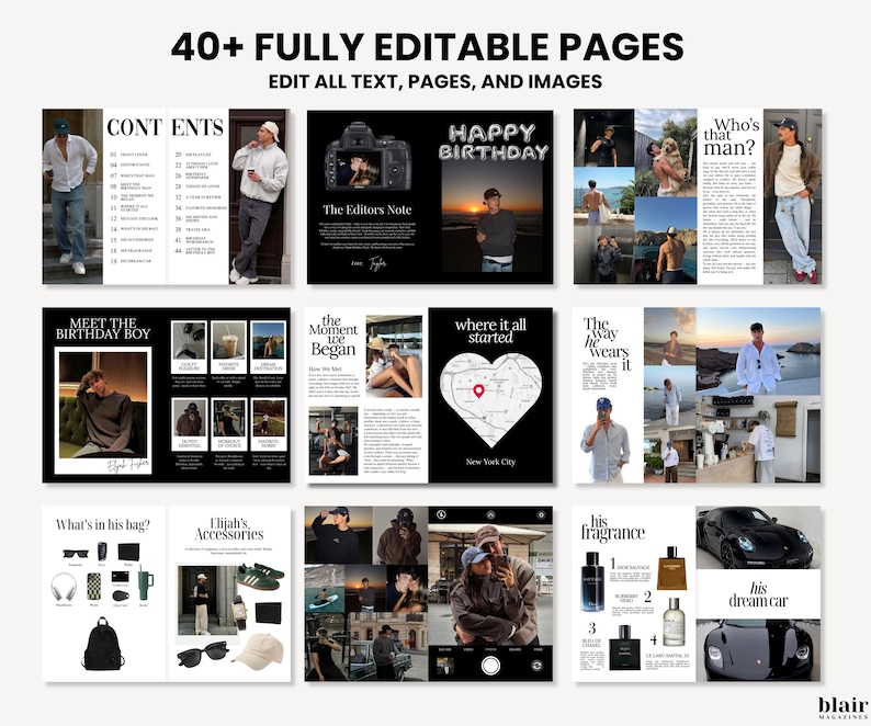 Puede incluir: Una plantilla de revista digital con m&uacute;ltiples p&aacute;ginas, con el texto "40+ FULLY EDITABLE PAGES" y "EDIT ALL TEXT, PAGES, AND IMAGES." Las p&aacute;ginas incluyen secciones de contenido, fotos y las frases "HAPPY BIRTHDAY" y "his dream car."