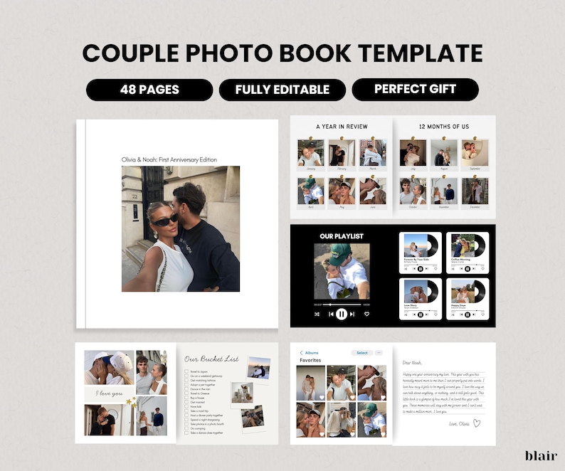 May include: A couple's photo book template with the text "Couple Photo Book Template" at the top. The book includes 48 pages and is fully editable. The book features photos, text, and the text "Perfect Gift".