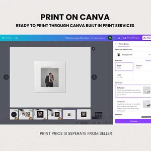 May include: A screenshot of a Canva interface showing a photo book design. The interface highlights size options: Small (6x6 in), Medium (8x8 in), and Large (12x12 in). The cover type options are Softcover and Hardcover. Text on the screen reads "PRINT ON CANVA".