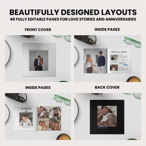 May include: A layout design showcasing a photo album with the text "BEAUTIFULLY DESIGNED LAYOUTS" and "48 FULLY EDITABLE PAGES FOR LOVE STORIES AND ANNIVERSARIES". The album features photos of couples and the text "FRONT COVER", "INSIDE PAGES", and "BACK COVER".