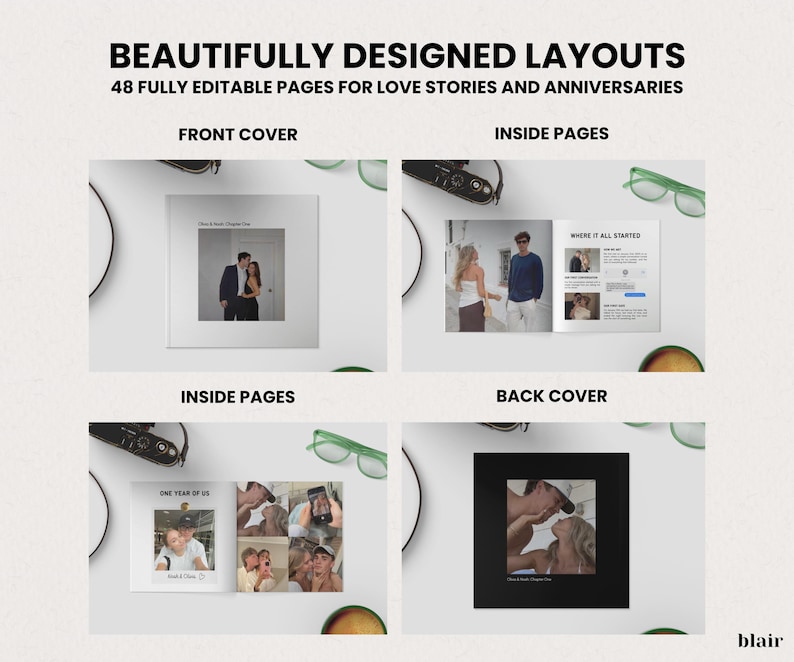 May include: A layout design showcasing a photo album with the text "BEAUTIFULLY DESIGNED LAYOUTS" and "48 FULLY EDITABLE PAGES FOR LOVE STORIES AND ANNIVERSARIES". The album features photos of couples and the text "FRONT COVER", "INSIDE PAGES", and "BACK COVER".