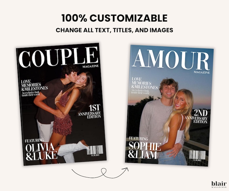 May include: Two magazine covers with couples on them. The left cover says "COUPLE MAGAZINE" and features a couple with the text "1ST ANNIVERSARY EDITION" and "OLIVIA & LUKE". The right cover says "AMOUR MAGAZINE" with the text "2ND ANNIVERSARY EDITION" and "SOPHIE & LIAM".