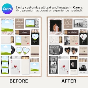 May include: A before-and-after collage showcasing customizable Canva templates. The "before" side features various design elements like photos, text, and graphics. The "after" side displays the same elements, personalized with images and text. The text reads "Easily customize all text and images in Canva."