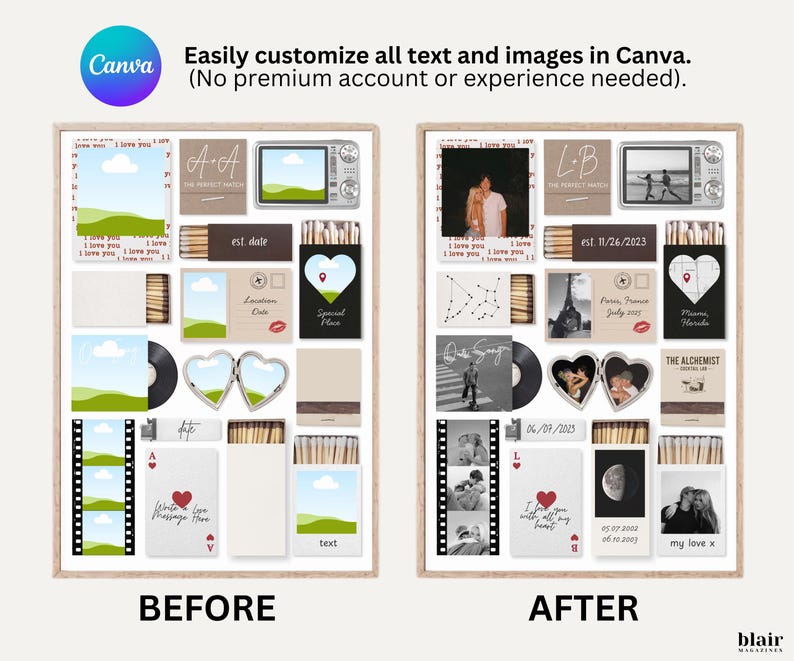 May include: A before-and-after collage showcasing customizable Canva templates. The "before" side features various design elements like photos, text, and graphics. The "after" side displays the same elements, personalized with images and text. The text reads "Easily customize all text and images in Canva."