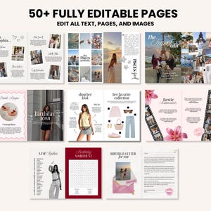 Puede incluir: Una plantilla digital con m&aacute;s de 50 p&aacute;ginas totalmente editables. Las p&aacute;ginas presentan fotos, texto y gr&aacute;ficos, incluyendo un tema de cumplea&ntilde;os, un tema de viaje y elementos de moda. El texto incluye "Dear Sophia", "Birthday Icon" y "Bestie".