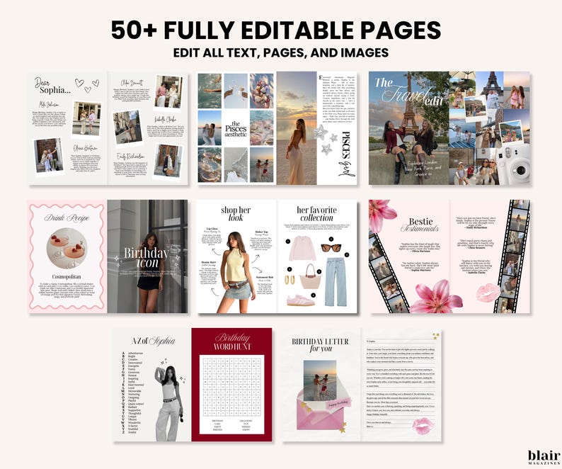 Puede incluir: Una plantilla digital con m&aacute;s de 50 p&aacute;ginas totalmente editables. Las p&aacute;ginas presentan fotos, texto y gr&aacute;ficos, incluyendo un tema de cumplea&ntilde;os, un tema de viaje y elementos de moda. El texto incluye "Dear Sophia", "Birthday Icon" y "Bestie".