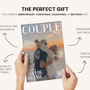 May include: A magazine cover with the word "COUPLE" in large white letters. The cover features a photo of a couple on a beach. Text on the cover includes "2ND ANNIVERSARY EDITION" and the names "SOPHIE & LIAM". The text "THE PERFECT GIFT" is at the top.