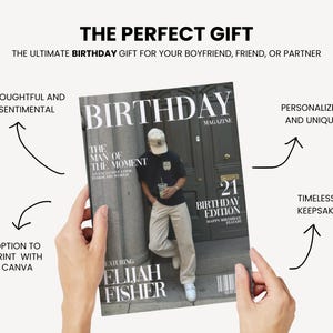 Puede incluir: Una portada de revista con la palabra "BIRTHDAY" en letras grandes. La portada presenta una foto de una persona y el texto "21 BIRTHDAY EDITION". La revista est&aacute; sostenida por manos.