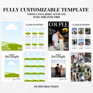 K&ouml;nnte beinhalten: Eine anpassbare Vorlage mit Layouts im Magazin-Stil. Das Design umfasst Magazin-Cover und Fotocollagen. Text beinhaltet "FULLY CUSTOMIZABLE TEMPLATE", "USING CANVA (FREE ACCOUNT)", "TURN THIS INTO THIS", "COUPLE", "A year in review", "meet the couple".