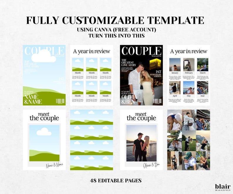 K&ouml;nnte beinhalten: Eine anpassbare Vorlage mit Layouts im Magazin-Stil. Das Design umfasst Magazin-Cover und Fotocollagen. Text beinhaltet "FULLY CUSTOMIZABLE TEMPLATE", "USING CANVA (FREE ACCOUNT)", "TURN THIS INTO THIS", "COUPLE", "A year in review", "meet the couple".